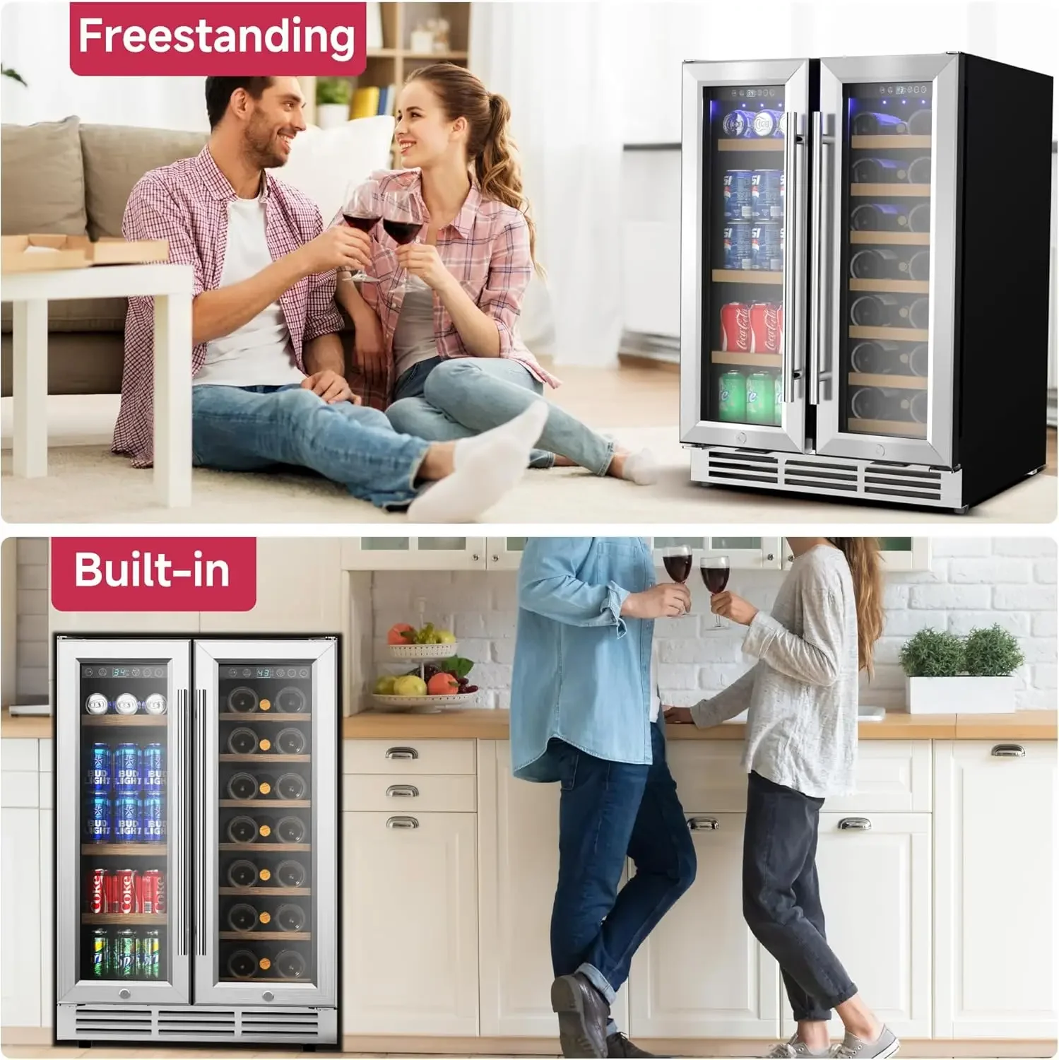 Beverage Refrigerator, Dual Zone Wine Cooler with Glass Door, Hold 88 Cans & 21 Bottles, Built in or Freestanding Under Counter