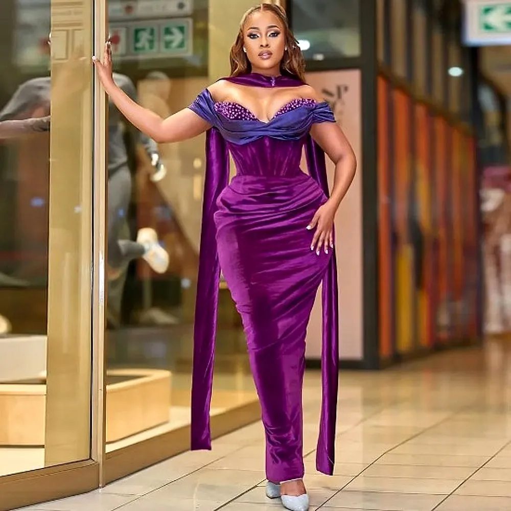 

Purple Mermaid Prom Dresses Off The Shoulder Pleats Beads Velvet Lace Up Back Evening Dress