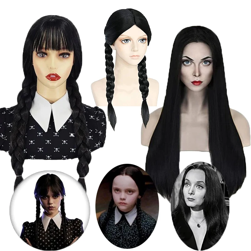 

Wednesday Addams Wigs Cosplay Costume Wednesday Addams Black Long Braided Wigs with Bangs Synthetic Halloween Party Wig