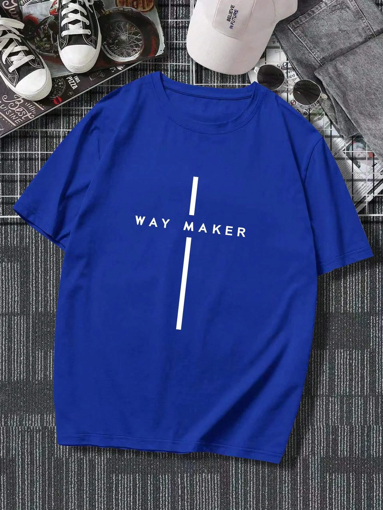 Men\'s 100% cotton summer loose size Fashionable WAY MAKER print slim fit casual sports round neck short sleeved T-shirt top