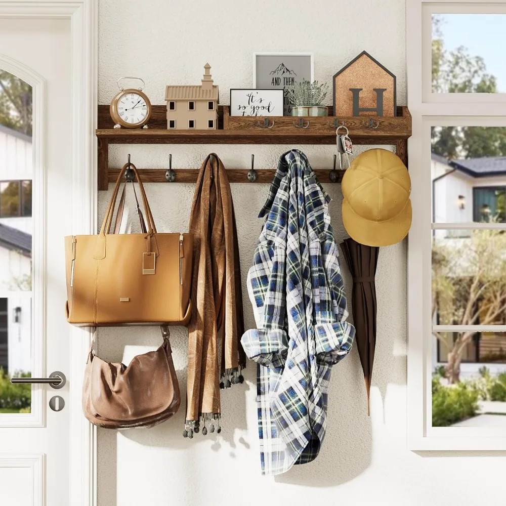 حامل معطف AMBIRD مثبت على الحائط، خطافات حائط كبيرة مقاس 35 بوصة مع رف، رف المدخل مع 7 خطافات معطف مزدوجة و4 خطافات مفاتيح لتنظيم البريد