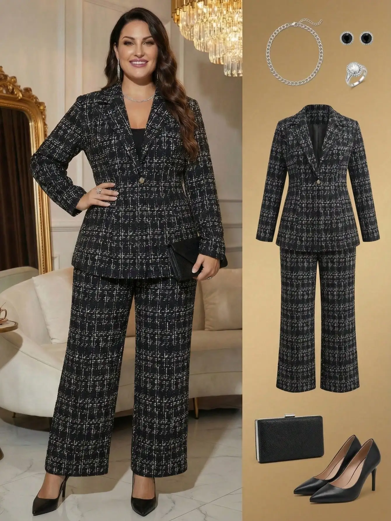 

Костюм-двойка из твидовой ткани в клетку больших размеров: пиджак с длинными рукавами и брюки с широкими штанинами для офиса, вечеринок и зимних мероприятий