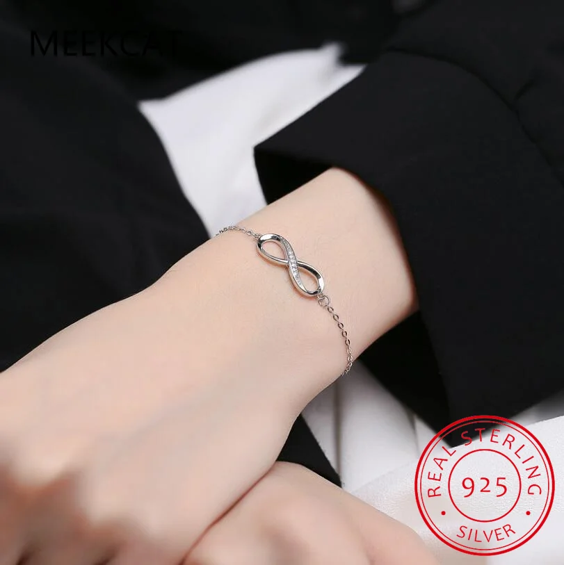 Pulseiras infinitas de prata esterlina 925 para mulheres, pulseiras e pulseiras ajustáveis da amizade, ideias para presentes de casamento