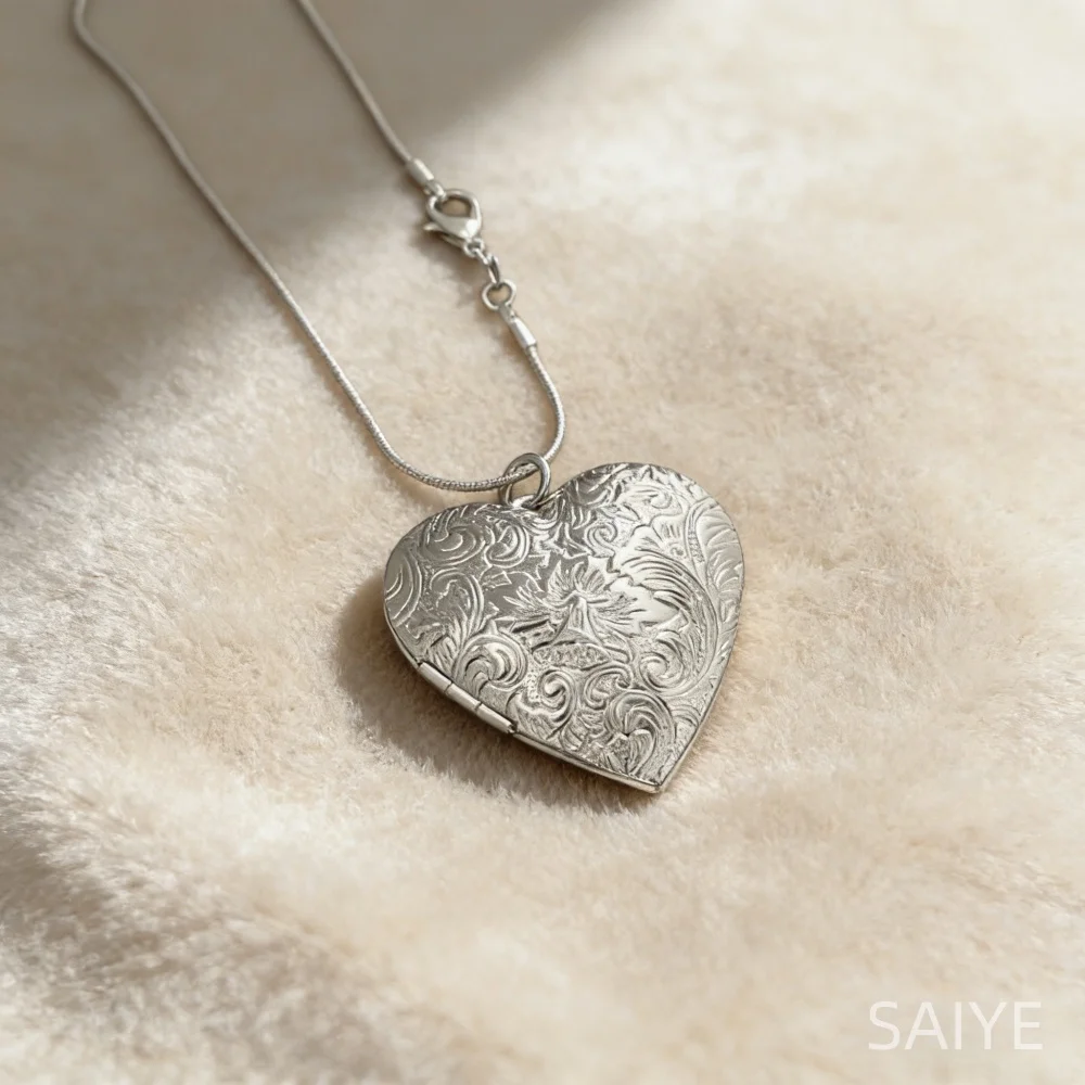 Antique Floral Engraved Heart Locket Necklace 925 Sterling Silver Photo Pendant Necklace for Women Wedding Anniversary Gift