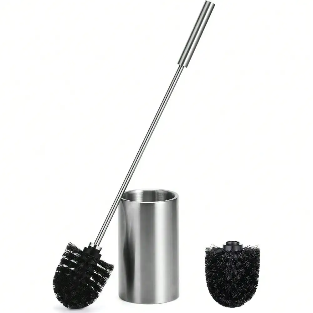 

Long Handle Toilet Brush And Holder Set With 304 Stainless Steel Base, Includes 2 Brush Heads For Deep Cleaning (Silver)