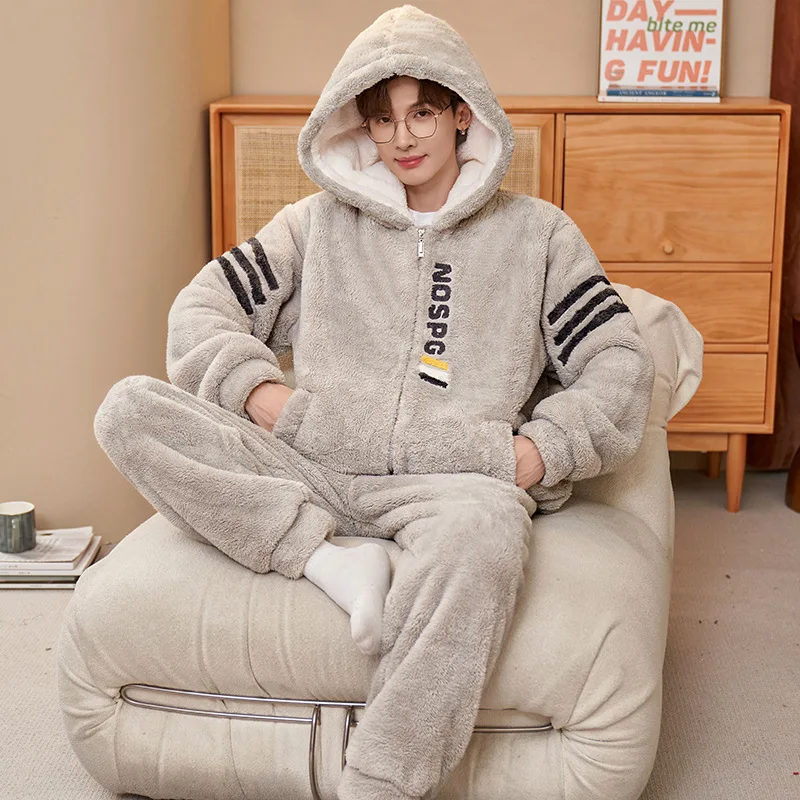 Autumn Winter Men's Coral Velvet Pajamas Set Thickening Fleece Plus Size Casual Homewear Male Comfortable Warm Loungewear