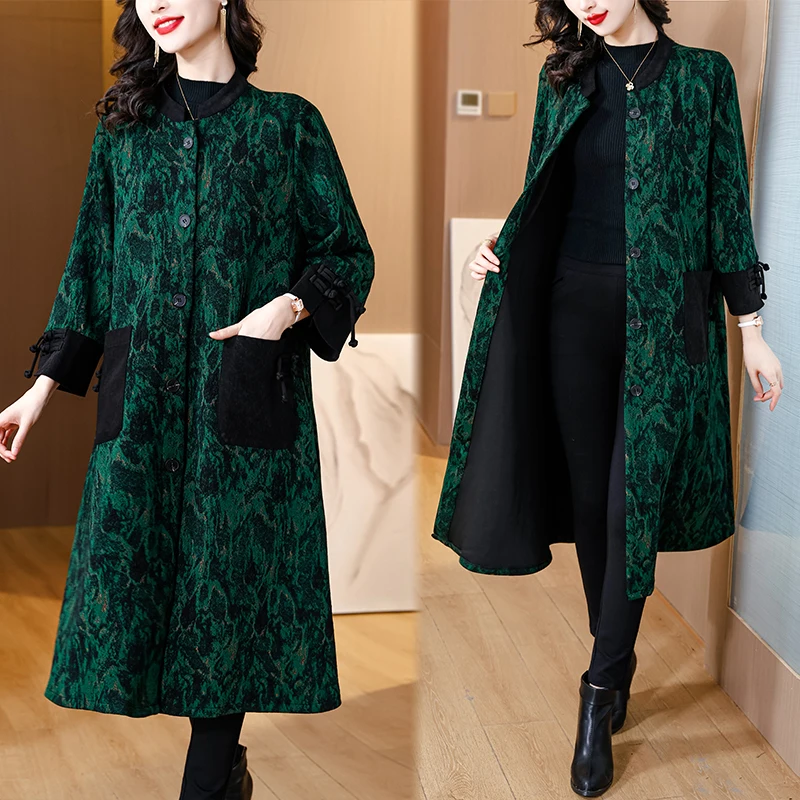 2023 Autumn/Winter New Cashmere Jacquard Windbreaker for Middle aged Mothers Loose Large Length Display Knee Length Coat