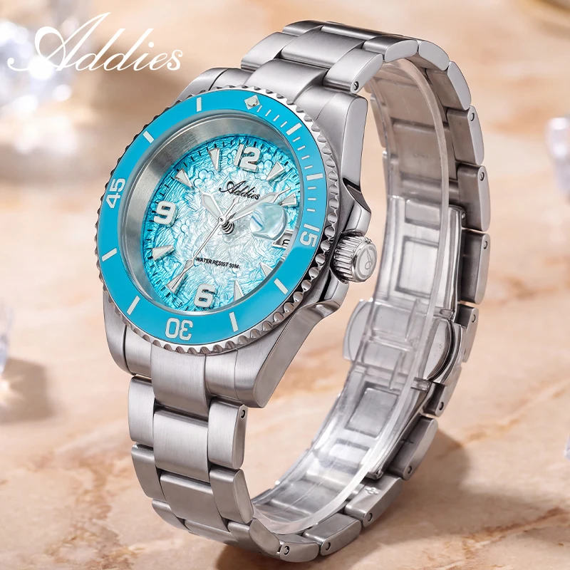 ADDIES Lady Watch 36MM Ceramic Bezel Wristwatch Date Display Stainless Steel 5Bar Waterproof Super Luminous Wristwatch for Women