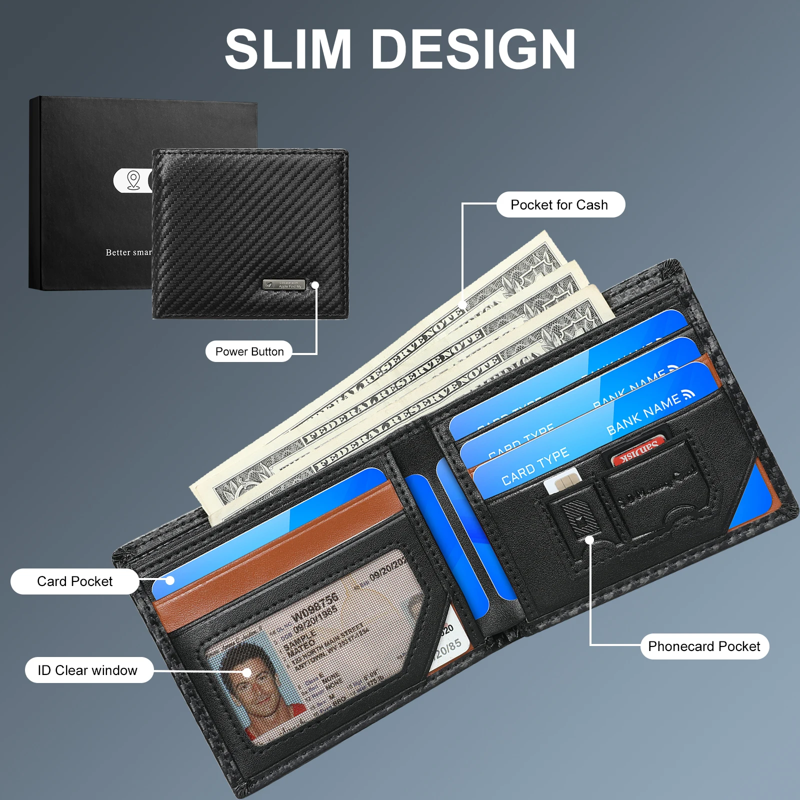 Smart Tracker Wallet  for Men Work With Apple Findmy IOS Device Only Carbon Card HolderWallet Tracker Not for Android Device