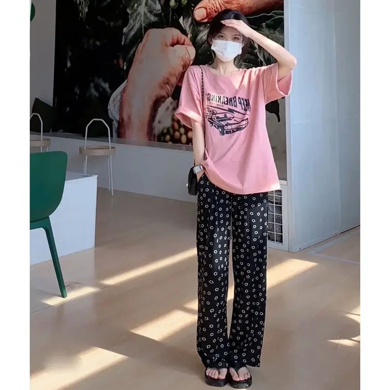 2023 Pink Casual Wide-legged Pants Suit Two-piece Female Summer Fashion New Age Reduction Short-sleeved T-shirt Y2K