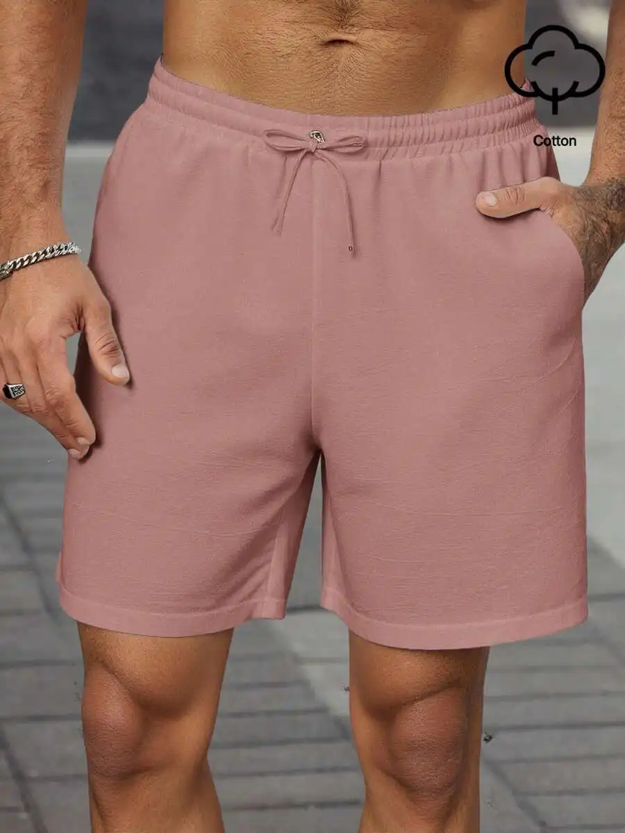 

Men’s Solid Color Cotton Shorts With Elastic Waist And Drawstring, Lightweight Casual Wear For Warm Weather