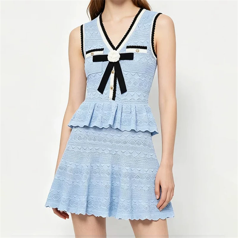 

High-qualitySummer new V-neck bow-decorated sleeveless knitted dress Y2K fashion casual vacation faketwo-piece A-line vest dress