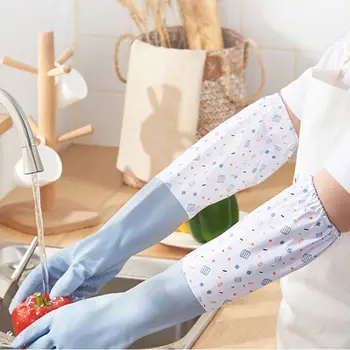 벨벳 고무 접시 세척 장갑, 방수 탄성 커프스, 가사 장갑, 라텍스 긴팔, 겨울 청소 장갑 