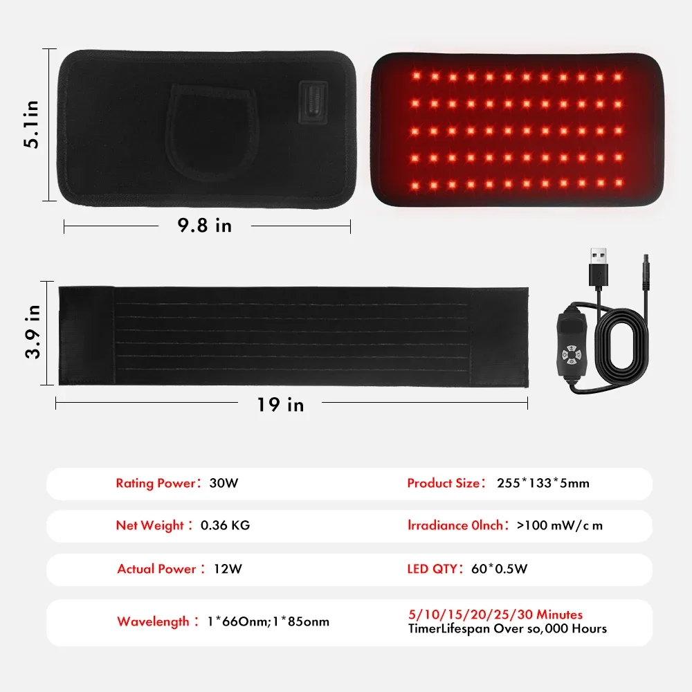 60 LEDs Red＆Infrared Light Therapy Belt for Pain Relief 850nm 660nm Burn Fat Wrap Slimming Machine Back Waist Heat Pad Full Body