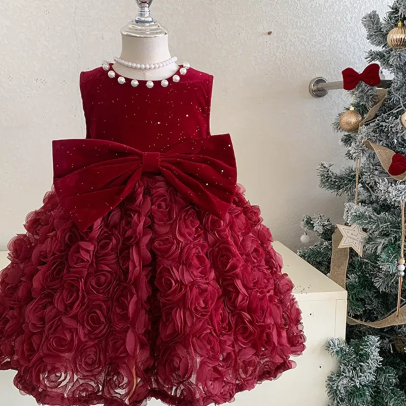 

Baby Girl Princess Bow Tutu Dress Infant Toddler Child Pearl Vestido Birthday Christmas Party Pageant Thick Baby Clothes 1-5Y