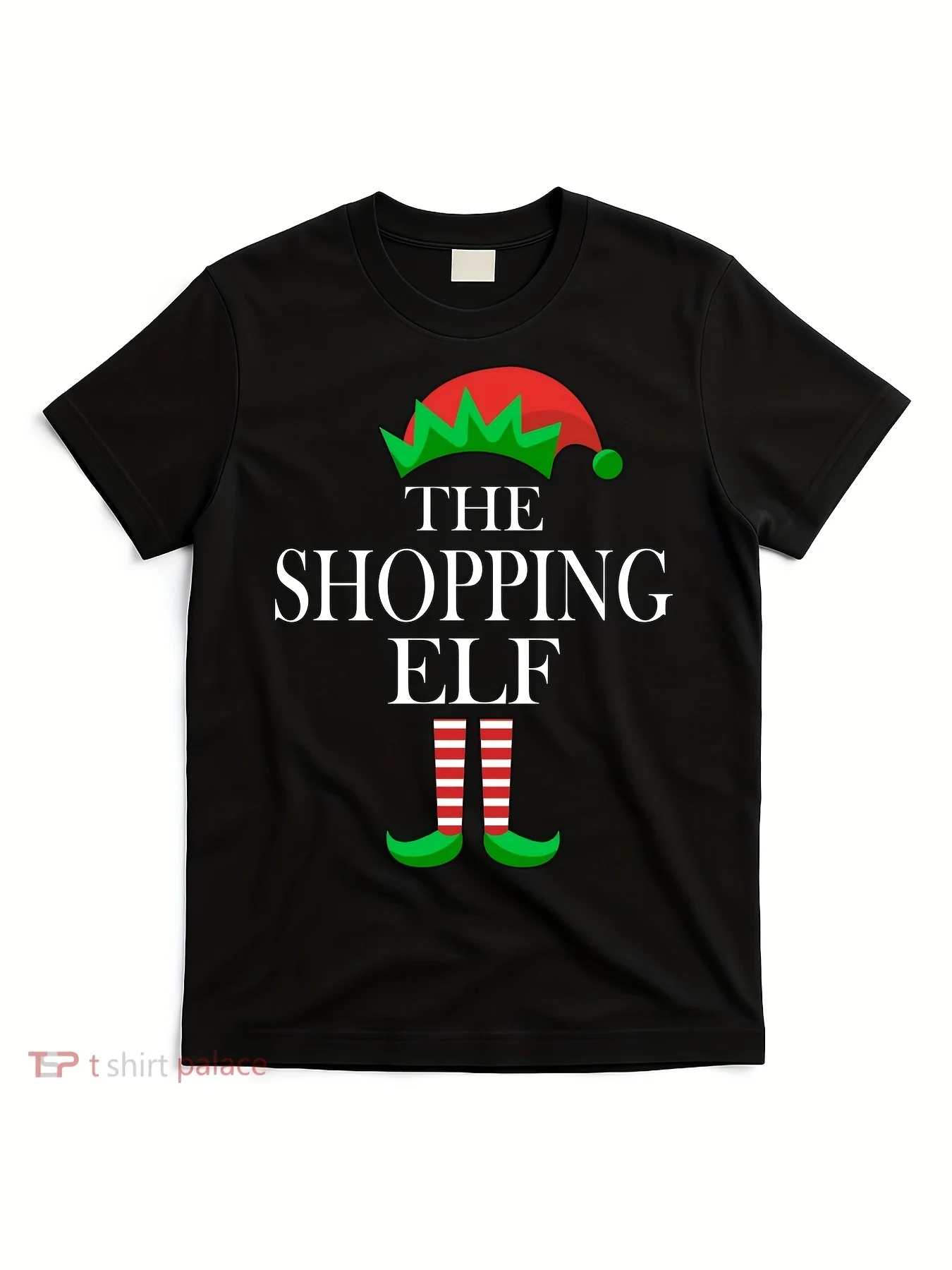 Funny Men's Black Graphic T-Shirt Shopping Elf Hat Red Green Striped Legs Holiday Typography Print 100% Cotton Heavyweight Short Sleeve Casual Streetwear Tee