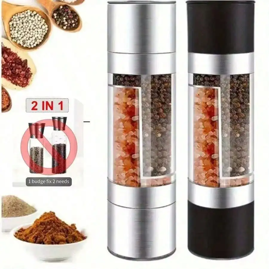 

2-in-1 Stainless Steel Salt Pepper Grinder, Manual Ceramic Blade, Adjustable Grind for Camping & Kitchen