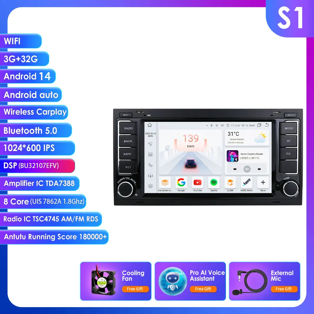 Carplay DSP 7 ''2Din Android 14 Autoradio GPS voor VW Volkswagen Touareg Transporter T5 Multivan Naviagtion Speler audio WIFI DVD