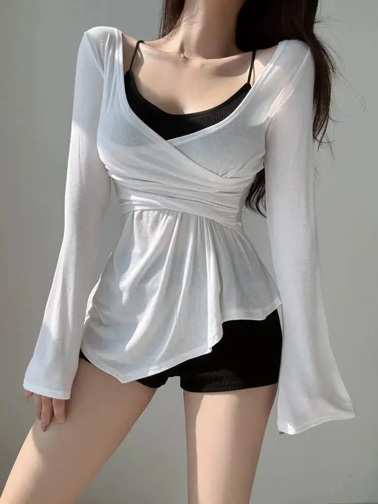 قميص نسائي مثير بأكمام طويلة وياقة على شكل V مع طيات وقصة ضيقة بلون واحد يمتص الرطوبة بأسلوب الرغبة الخالصة توصيل سريع خلال 2... #5