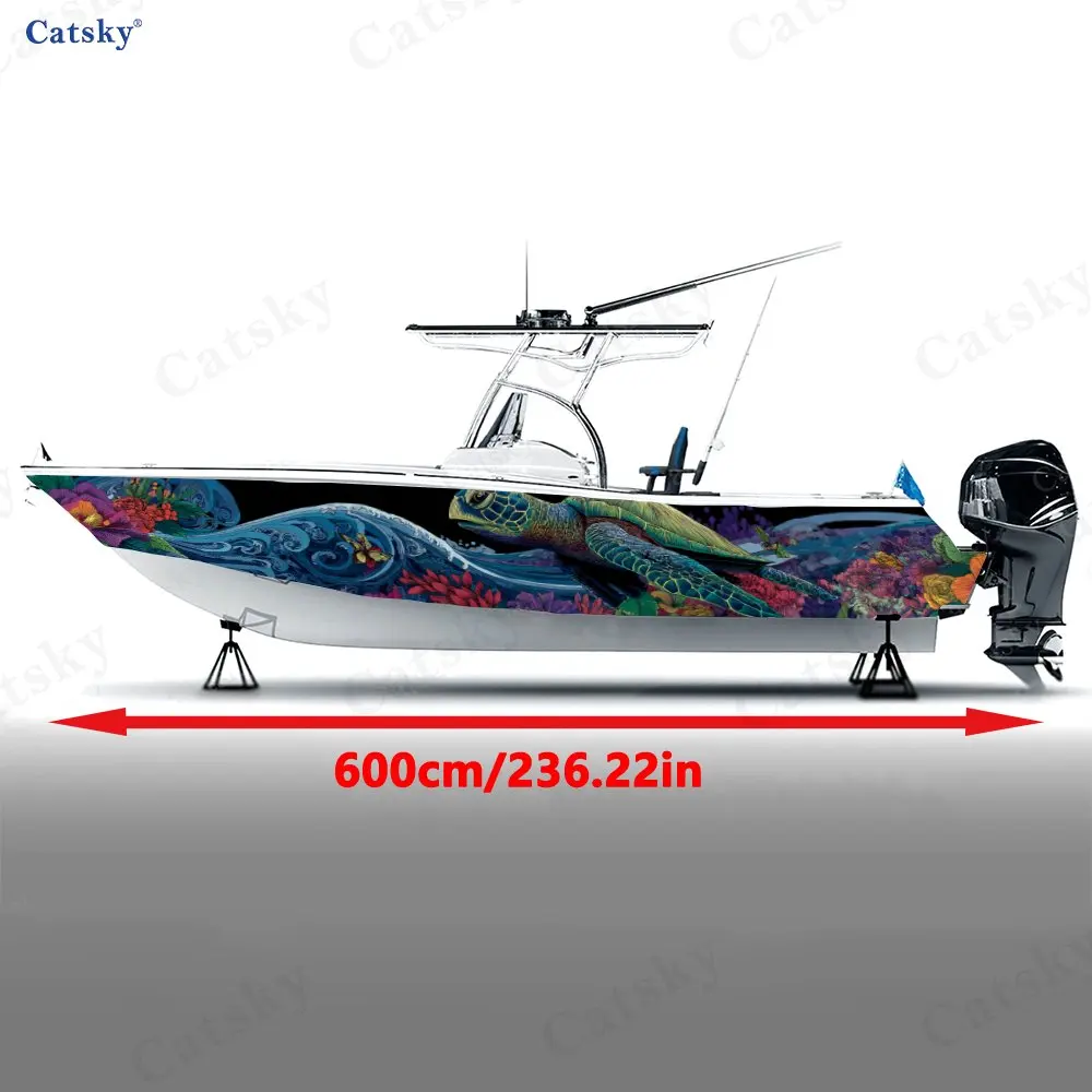 Sea Turtle & Coral Floral Boat Stickers, PVC Waterproof Durable Vinyl Wrap Decals for Fishing Boats, Durable and Stylish Design