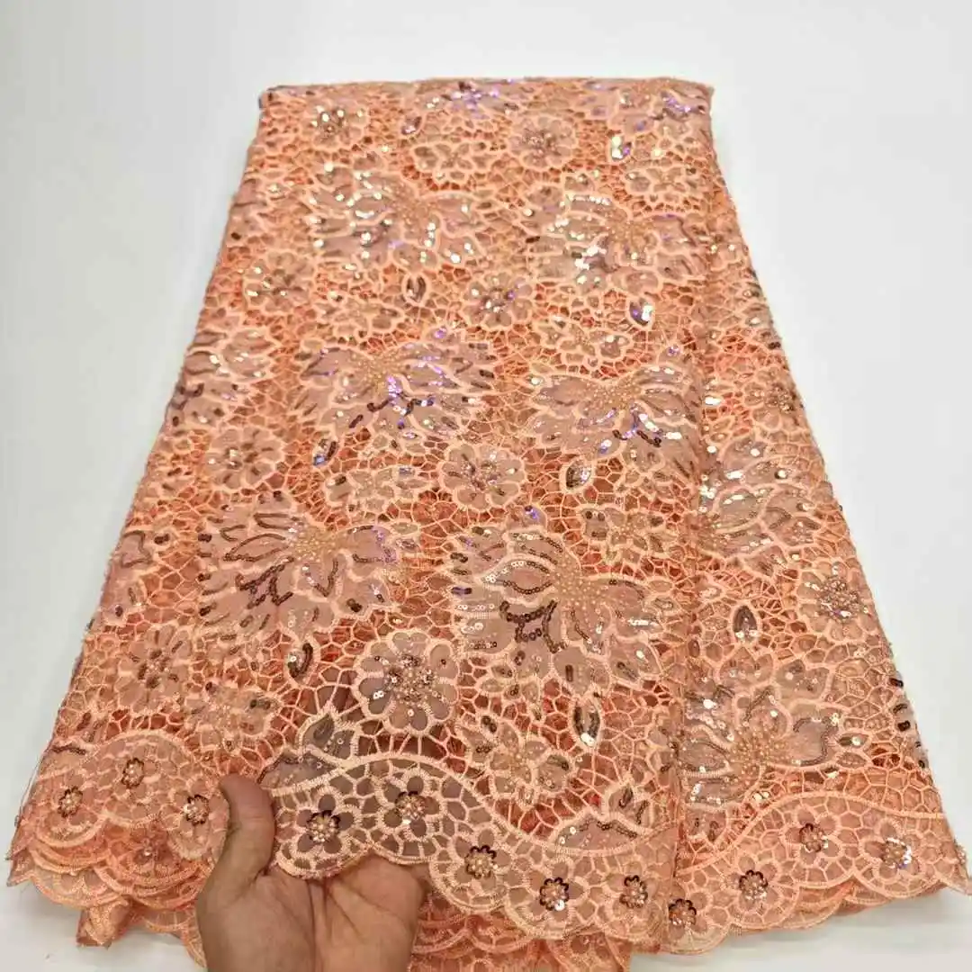 2025 新デザイン高品質コードレースファッションビーズスパンコールアフリカギピュールレース生地刺繍レースパーティーイブニングドレス