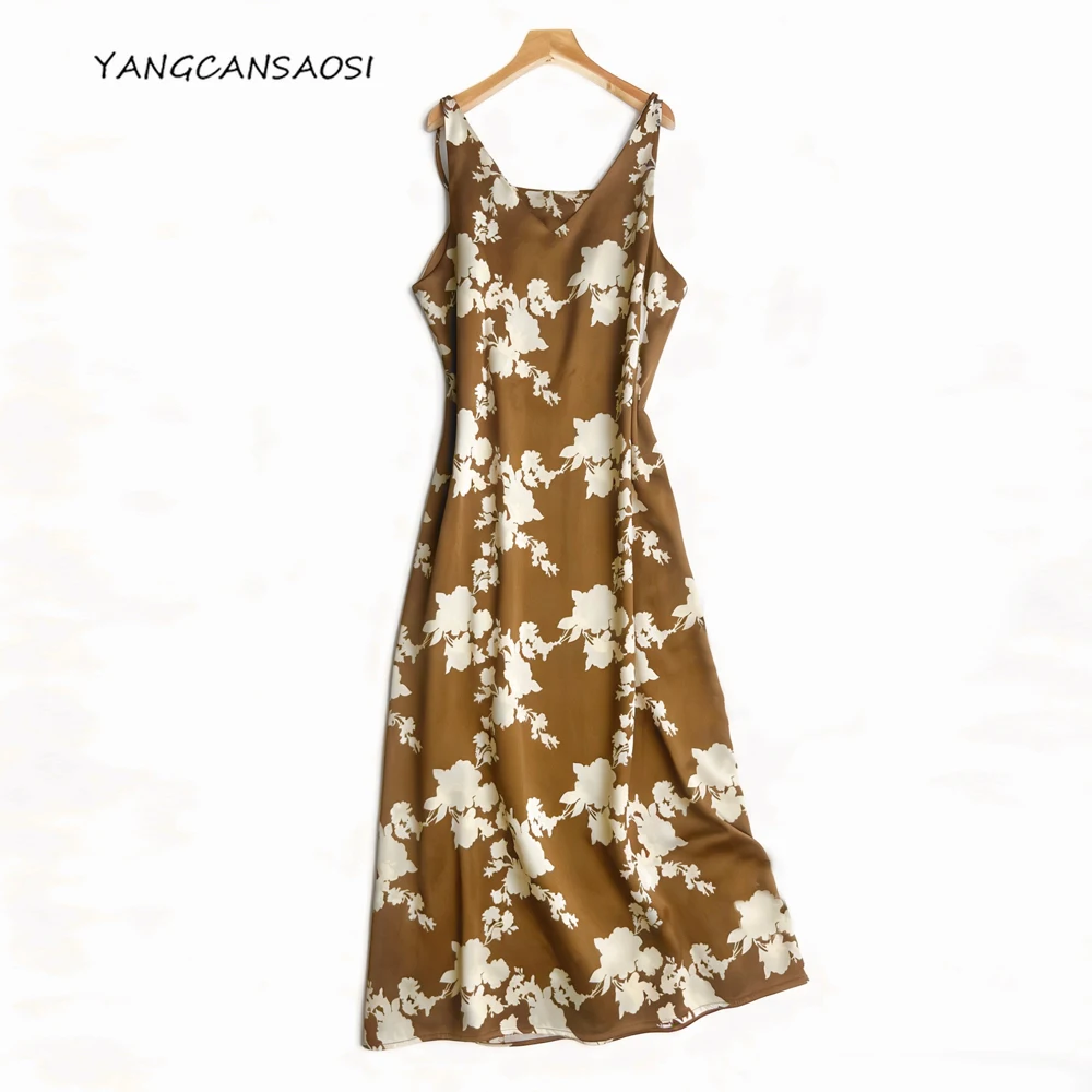 

Новое летнее женское платье из 95% натурального шелка тутового шелкопряда, эластичное атласное платье с V-образным вырезом и принтом, дышащее, на бретельках, для вечеринок, коллекция 2026 года