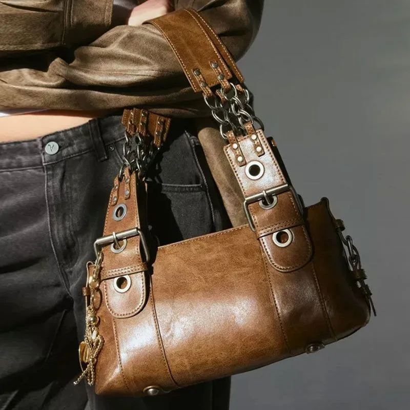 

American Vintage Distressed Motorcycle Bag New Large Capacity Shoulder Underarm Bag Maillard Tote Handbag Exquisite Personality