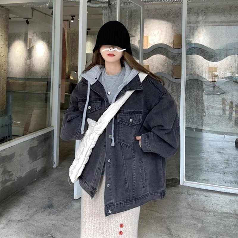 

Women's Petite Student Spring Autumn Hooded Denim Jacket 2025 New Couple Fake Two Piece Casual Loose Fit Korean Style