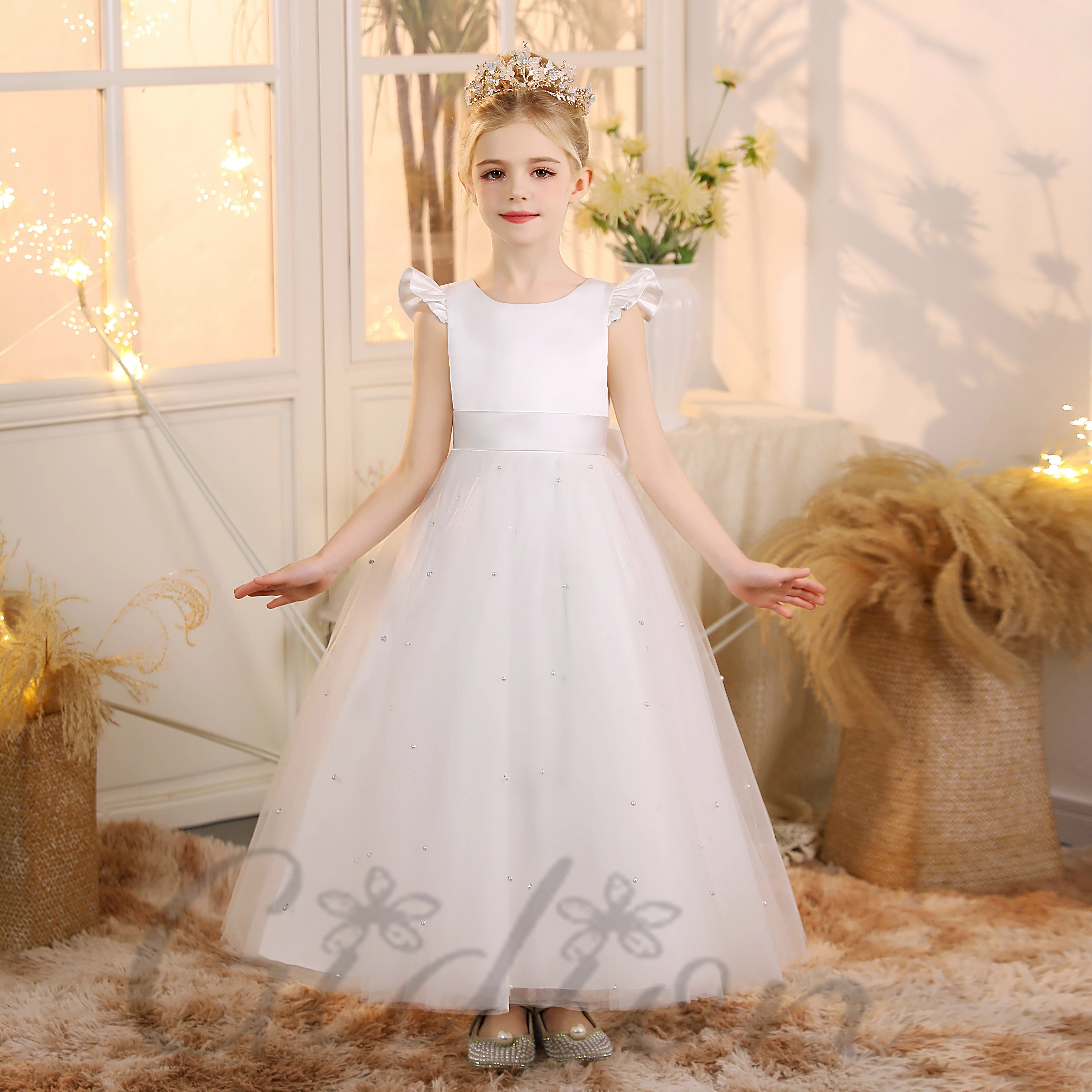 

Satin Top Princess Flower Girl Dress For Kids Wedding Ceremony Prom Night Banquet Ball Evening-Gown First Communion Event Party