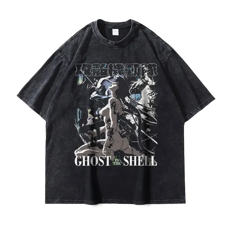 Anime The Ghost in The Shell T Shirts Streetwear Vintage Washed Kusanagi Motoko T-shirt Oversized Tops Tees Men 100%  2024