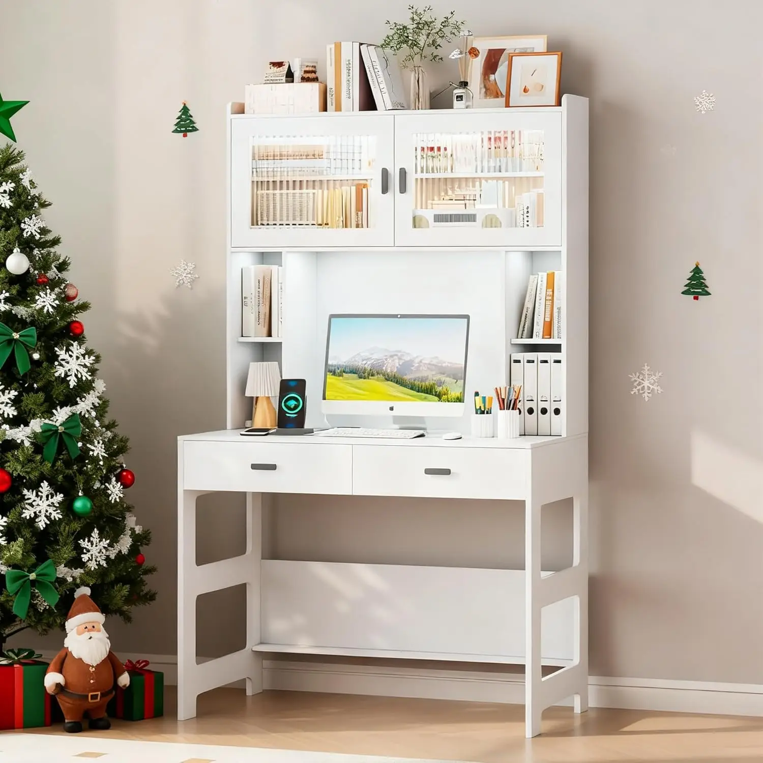 

Компьютерный стол 40 дюймов с выдвижными ящиками, полками, LED-подсветкой и зарядной станцией для домашнего офиса или спальни, на заказ