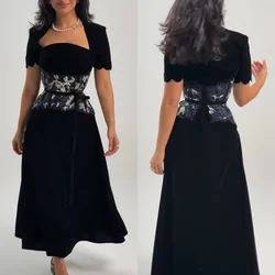Customized A-line Beading Evening Dresses Square Neck Prom Dresses Short Sleeves Special Events Wedding Gala Evening Party Dress