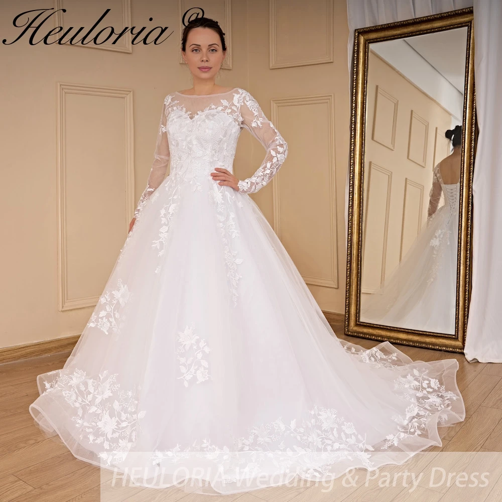 Heiloria-vestido de novia de princesa, prenda de manga larga con apliques de encaje, talla grande, con cordones