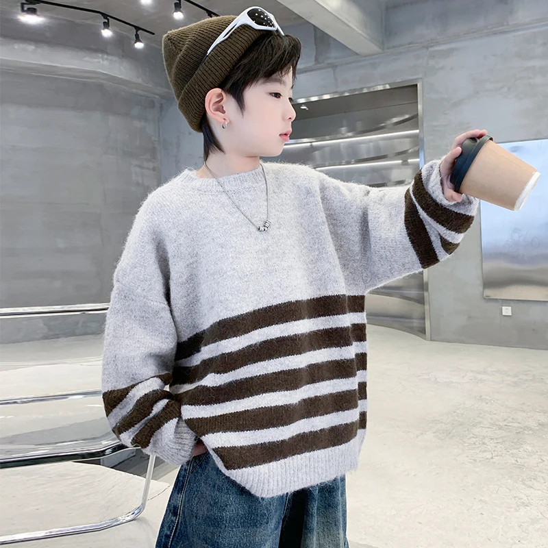 

4-14Y Children Autumn Thicken Knitted Sweater O-Neck Baby Korean Classic Stripe Pullover Boy Winter Toddler Casual Warm Clothing