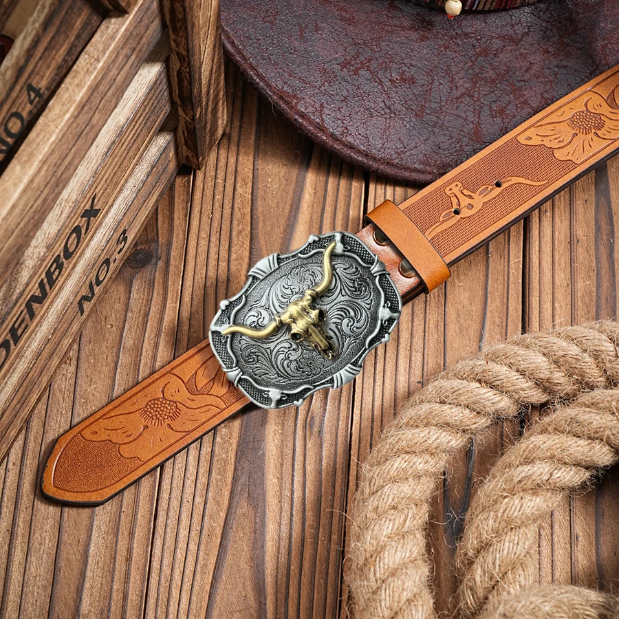 قطعة واحدة من حزام الرجال على الطراز الغربي مع عظام رأس البقر وأنماط الأزهار المنحوتة وزخارف القرن الطويل، طراز قديم، عيد الحب العظيم #4