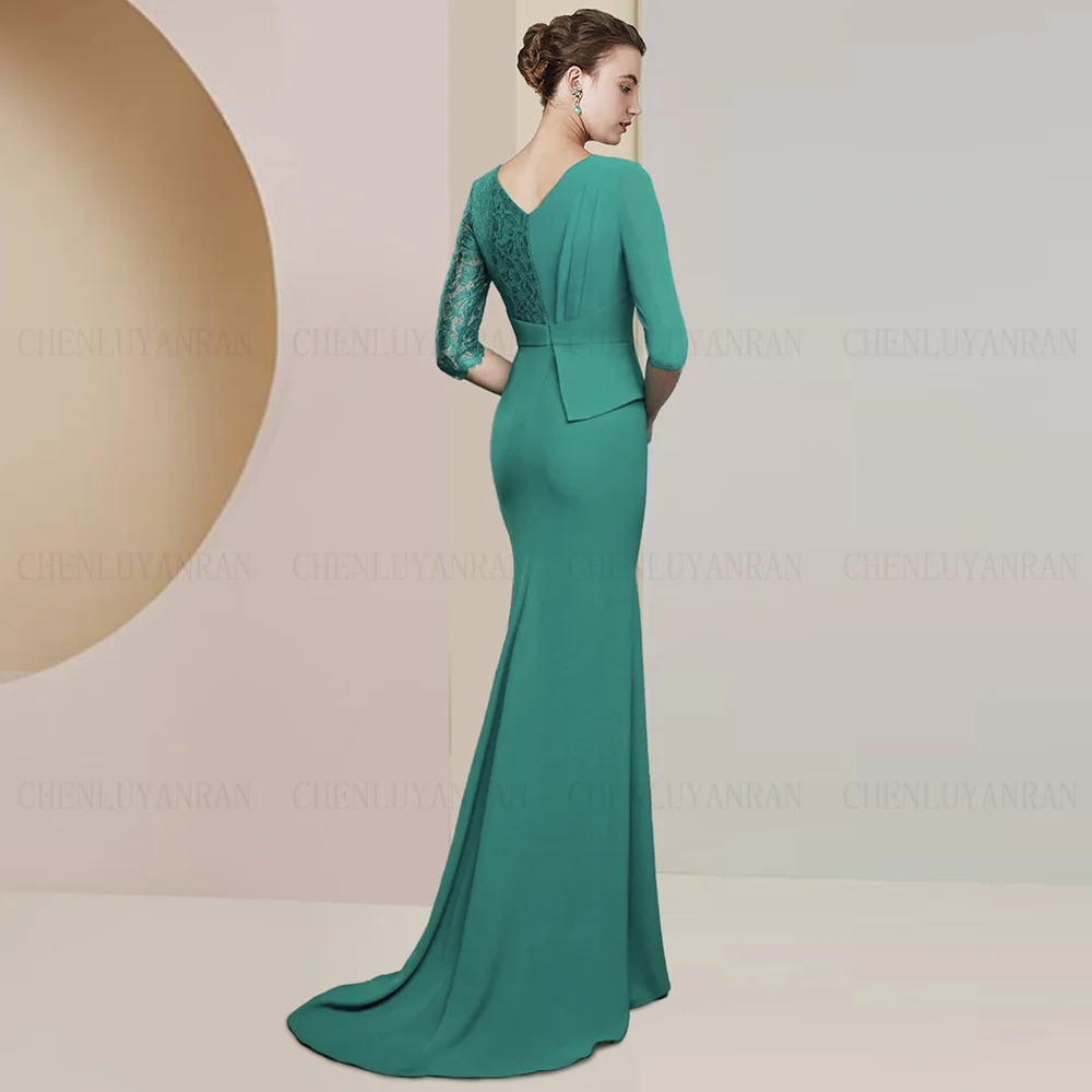 Green 3/4 Sleeves Mother Of The Bride Dresses 2023 V-Neck Mermaid Wedding Guest Gowns Long Dress Women For Wedding Party