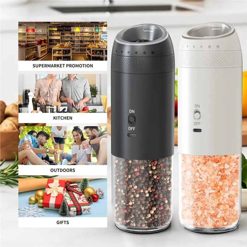 B58B-مجموعة هدايا - مطحنة كهربائية أوتوماتيكية قابلة لإعادة الشحن للملح والفلفل مع 6 إعدادات خشونة قابلة للتعديل