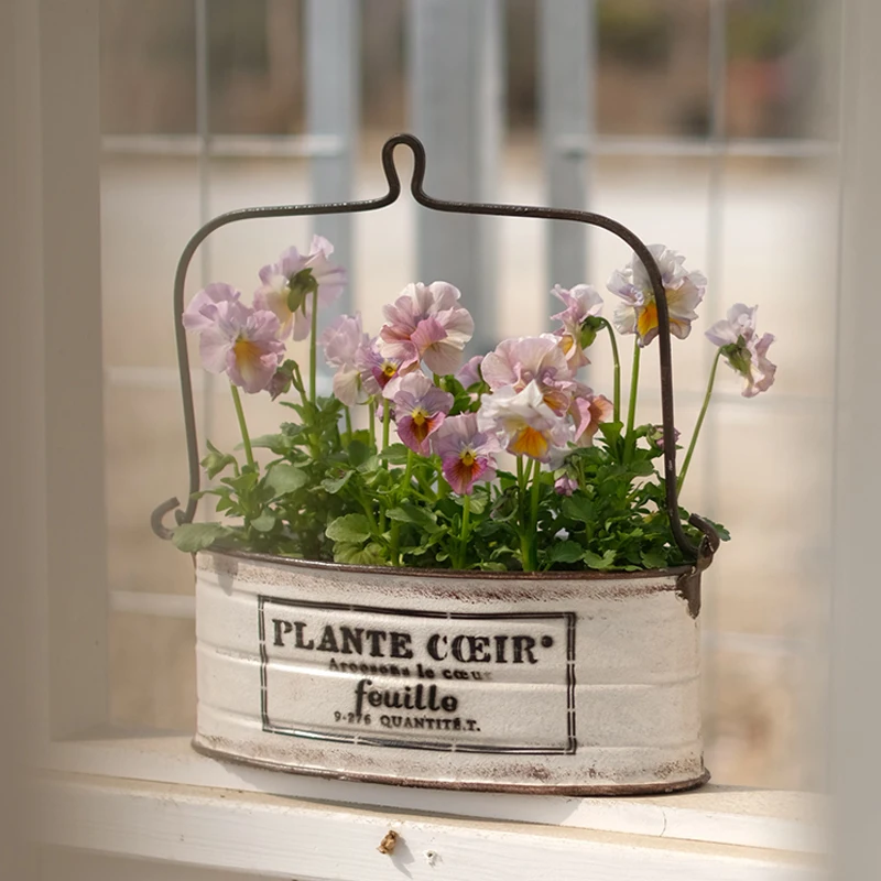 Handcrafted Vintage Rustic Oval Metal Cachepot for Flower with Handle