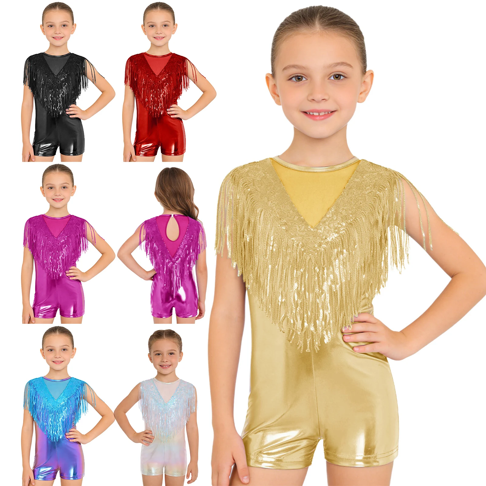 Kids Girls Metallic Shiny Disco Jazz Dance Jumpsuit Sleeveless Mesh Sequin Tassels Romper Rave Party Stage Performance Dancewear view 4