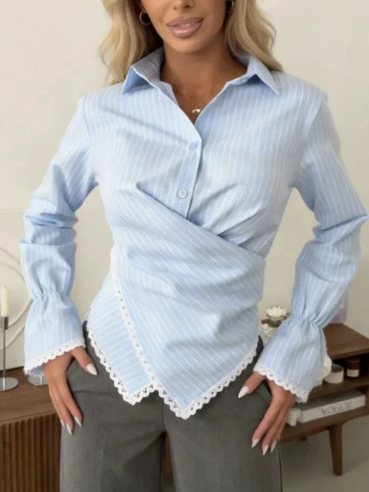 Women solid Striped Lapel Collared Wrap Shirt Lace Trim Asymmetrical Hem Flared Long Sleeve Button Front Blouse Slim Casual Top