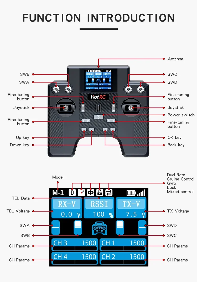 HotRC HT-8A Transmitter 2.4G 8CH Left / Right Hand Throttle Remote Control F-08A Receiver for RC Car Plane Drone Aircraft
