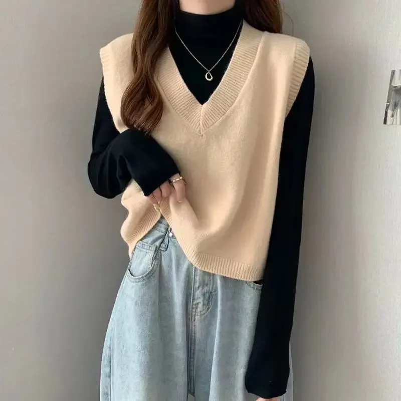 سترة نسائية محبوكة بدون أكمام على الموضة سترة على شكل حرف v أسود وأبيض سترة متماسكة سترة نسائية ملابس خارجية Sueter Feminino Q1095 #5