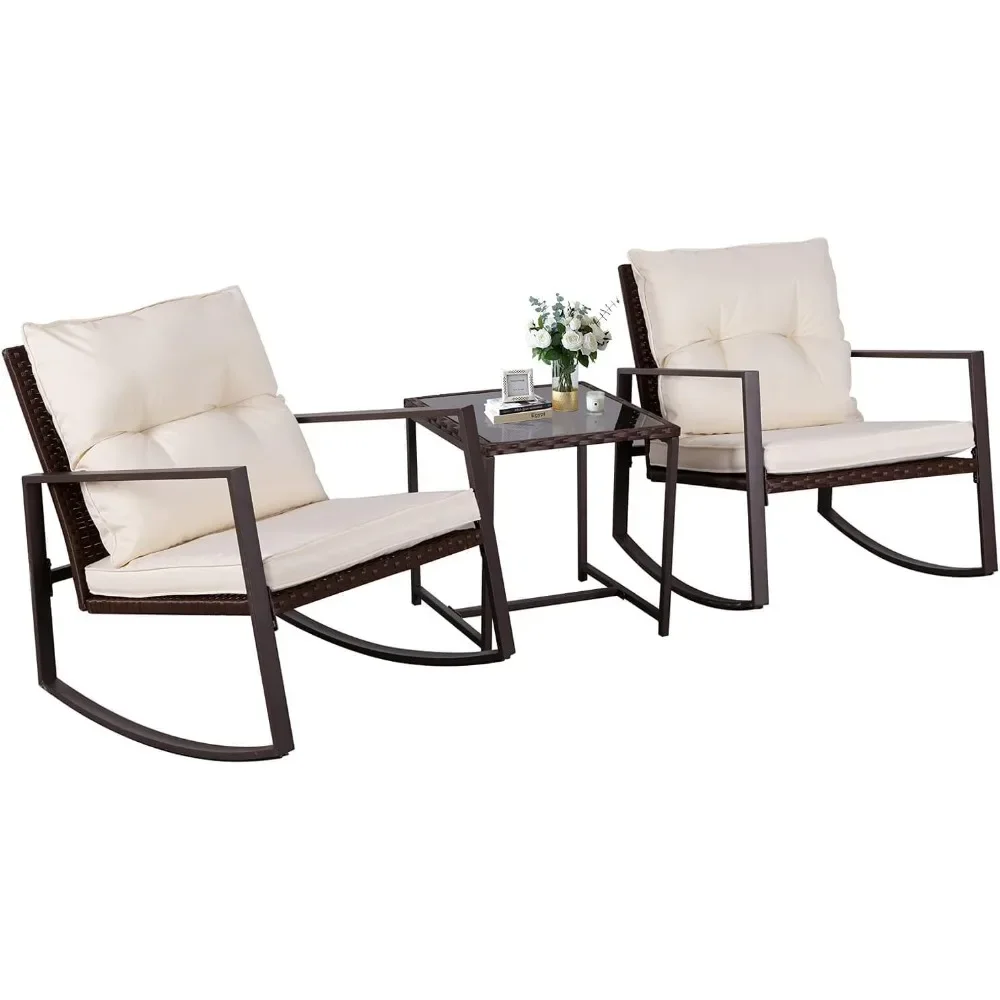 

3-Piece Patio Bistro Set Outdoor Rocking Chairs Set Brown Wicker Porch Chairs with Glass Coffee Table, Cushion