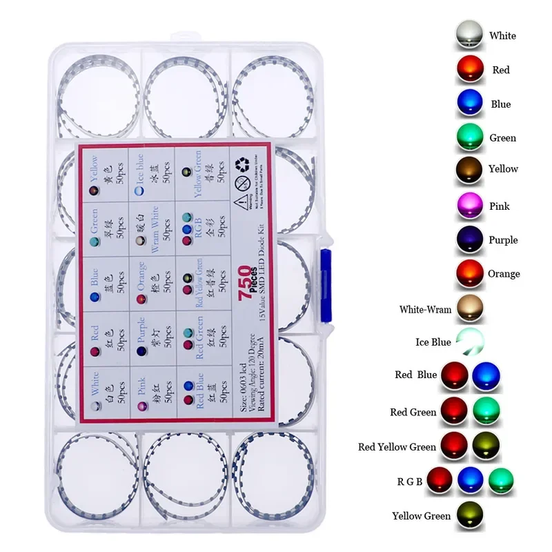 750 SZTUK 15 wartości x 50 SZTUK 0603 Zestaw diod LED SMD Biały Czerwony Zielony Niebieski żółty ciepły pomarańczowy różowy fioletowy RGB z pudełkiem