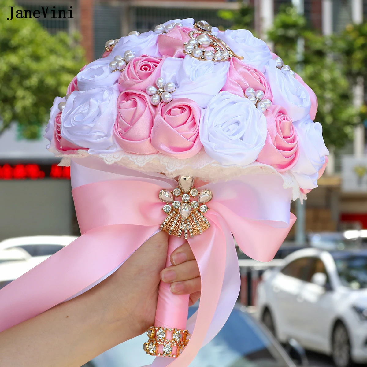 

JaneVini Pink White Bridal Bouquets Flowers Bling Golden Crystal Artificial Satin Roses Korean Bride Bouquet Wedding Accessories