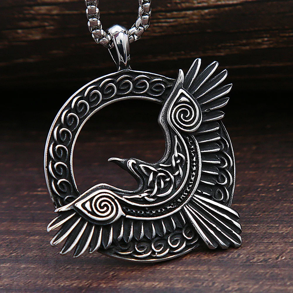 Nordic Odin Huginn and Muninn Raven Pendant Necklace Vintage Stainless Steel Celtics Knot Viking Necklace Male Amulet Jewelry