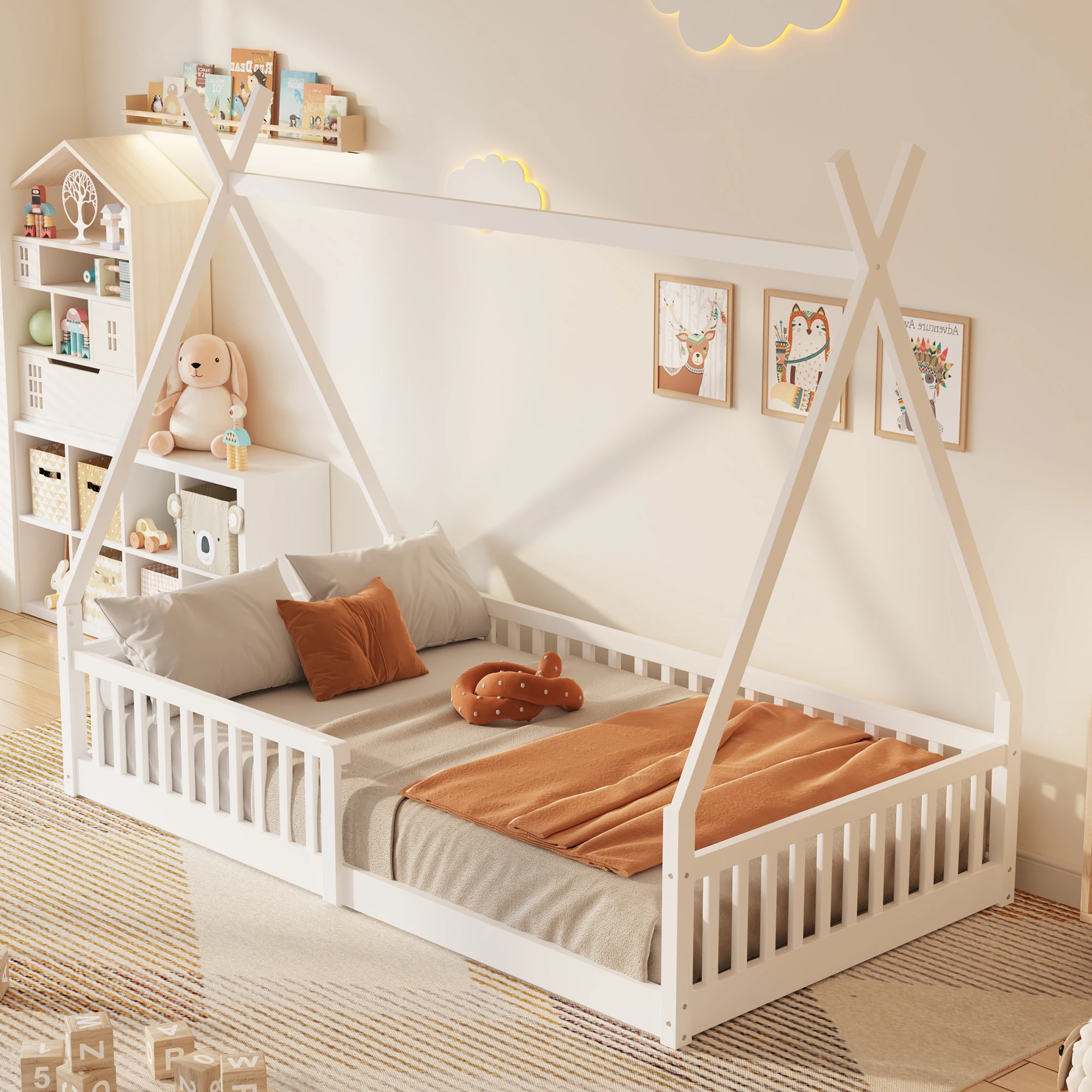 Kids House Platform Bed Twin Size Solid Pine Wood with Sky Roof Guardrail Distressed Washed Design Easy Assembly, Whitepromote s