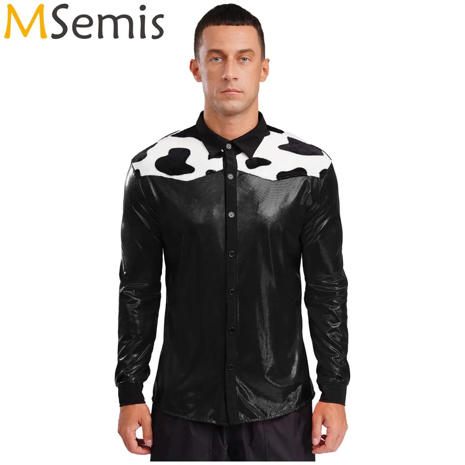 

Mens Shiny Metallic Shirt Cowboy Cosplay Outfits Long Sleeve Cow Print Shirt Tops Halloween Cosplay Costume Party Tops Clubwear