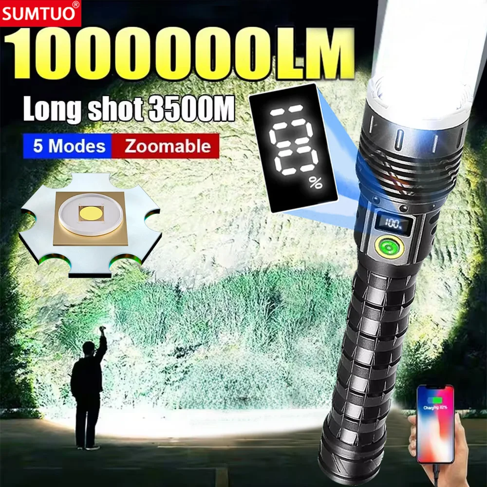 

1000000LM Ultra Powerful Flashlight Zoom 3500M Long Range Torch High Power Led Flashlights Rechargeable Strong Tactical Lantern