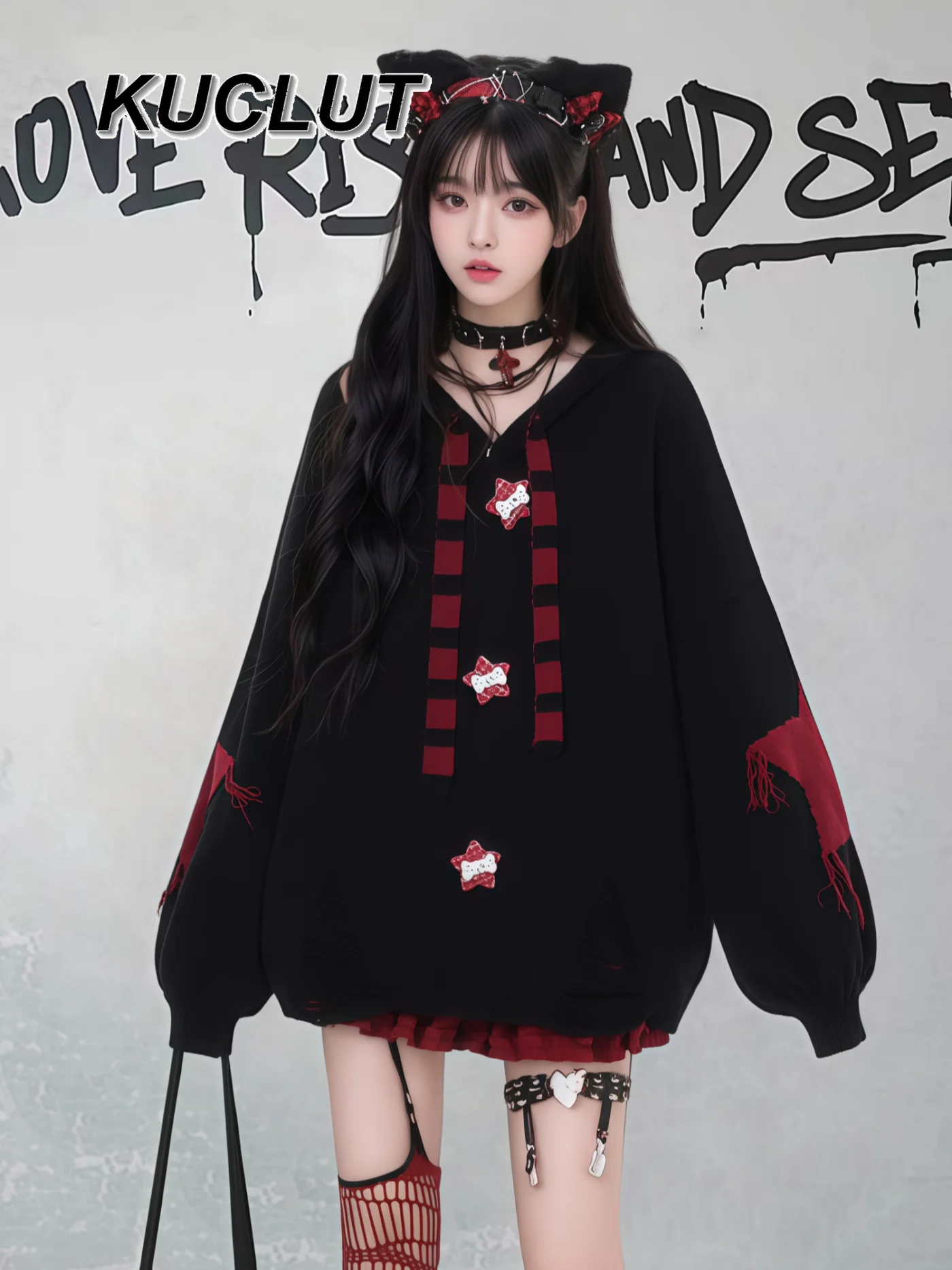 

Субкультура полосатый свитер с капюшоном и заячьими ушками для женщин, осенне-зимний черный и красный свободный мягкий вязаный кардиган, пальто